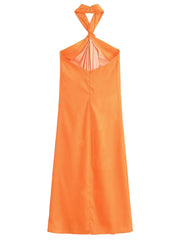 Women 2024 Spring and Summer New Fashion Silk Satin Texture Hanging Neck Collar Sleeveless Midi Backless Dress Vestidos Mujer