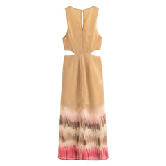 Women 2024 Spring and Summer New Fashion Open Design Tie-Dye Midi Dress Chic V-Neck Slim Sleeveless Long Dress Vestidos Mujer