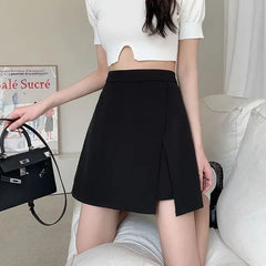 New Summer 2024 Black Side Slit Skirt High-Waisted Slimming Mini Dress Irregular A- Line Skort for Plump Women