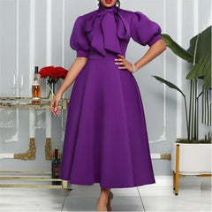 50S 60S Bow Tie Neck Vintage African Dresses for Women Vintage Puff Short Sleeve a Line Swing Casual Party Long Evening Dresses