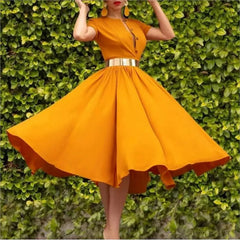 Women Vintage 1950S Retro Dress Elegant Rockabilly Short Sleeve a Line Swing Casual Prom Cocktail Midi Shirt Dress with Belt 3XL