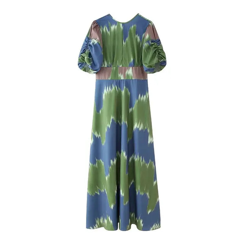 Summer 2024 Women Printed Vintage Long Dress New Fashion Puff Sleeve Bow Backless Loose Casual Beach Dress Elegant Vestidos