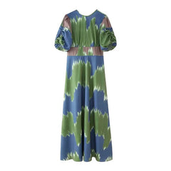 Summer 2024 Women Printed Vintage Long Dress New Fashion Puff Sleeve Bow Backless Loose Casual Beach Dress Elegant Vestidos