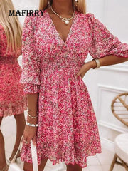 Autumn Casual Women V Neck Loose Dress Long Sleeve Butterfly Sleeve Print Dress Elegant Female Retro Floral Slim Fit Party Dress