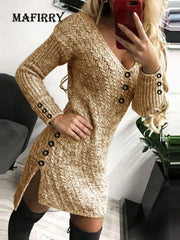 Vintage Women Autumn Winter Mini Patchwork Dress Deep V Neck Skinny Long Sleeve Dress Female Slim Office Solid Party Club Dress