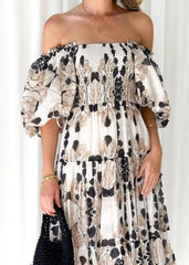 Summer New Elegant Printed Dresses Women Sexy Backless Slash Neck Elastic Dress Female High Waist Short Puff Sleeve Maxi Dress