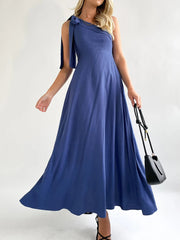 Elegant Women Party A-Line Dresses for Summer New Sexy One Shoulder Lace-Up Elastic Dress Women High Waist Solid Midi Dress