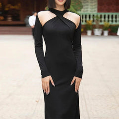 Ladies Party Black Retro Dress Female Formal Wear Sexy Black Low-Cut Long Dress Ladies Autumn Slit Long Dress Elegant Party Club