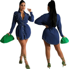 New Clothes for Women Loose Casual Rivet Bubble Bead Pocket Diamond with Belt Sigle-Breasted Turn-Down Collar Denim Dress