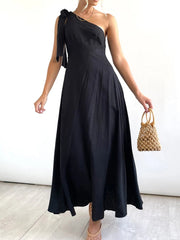Elegant Women Party A-Line Dresses for Summer New Sexy One Shoulder Lace-Up Elastic Dress Women High Waist Solid Midi Dress