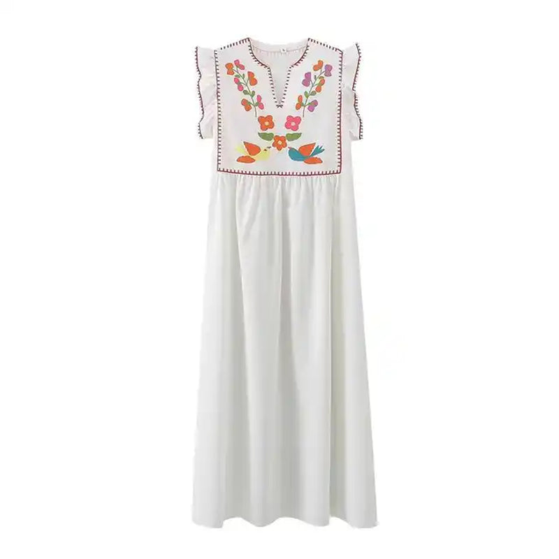 2024 Summer Sweet Vacation Ethnic Style Ruffled Dress New Holiday Ruffles Shoulder Loose Doll Dress Women Vintage Long Dress