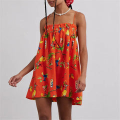 Women'S Mini Lounge Dress Loose Fashion Print Square Neck Open Back Cross Spaghetti Strap Dress for Summer Vintage