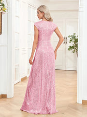 Lucyinlove Elegant V-Neck Mermaid Sequin Evening Dresses Long 2024 Luxury Pink Wedding Party Prom Bridesmaid Cocktail Dress Gown