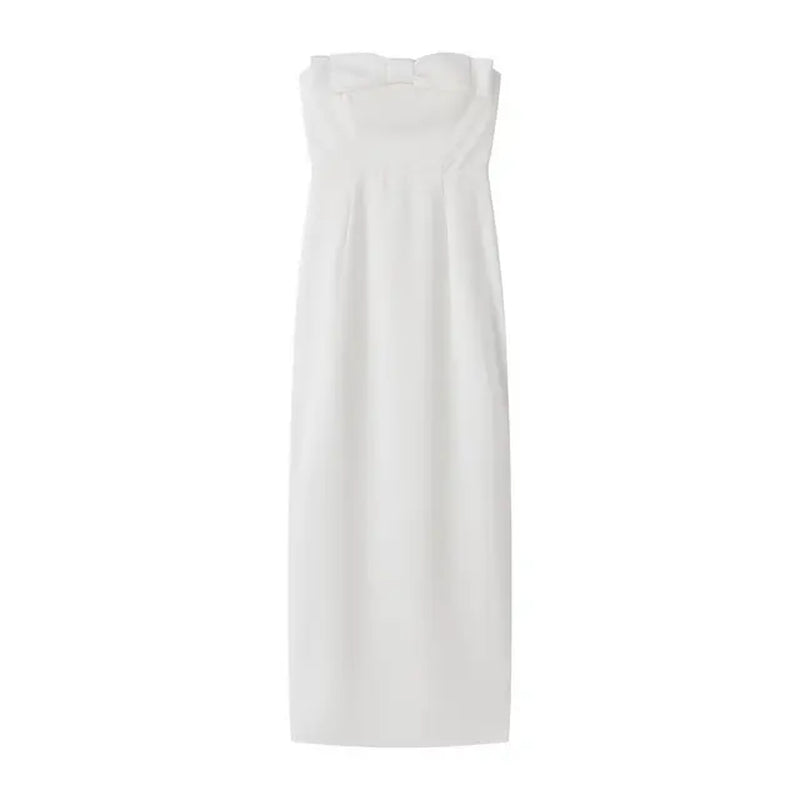 Fashion White Bow Backless Strapless Midi Dress Women Slim Sleeveless Vestidos Spring Summer Elegant Dinner Party Female Robes