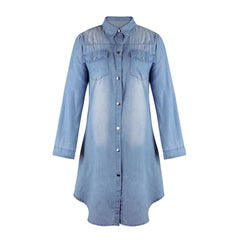 Women'S Dresses Denim Casual Fashion Turn-Down Buttoned Pocket Long Sleeve Knee-Length Loose Denim Shirt Dress