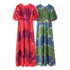Summer 2024 Women Printed Vintage Long Dress New Fashion Puff Sleeve Bow Backless Loose Casual Beach Dress Elegant Vestidos