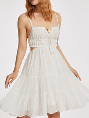 Women Sling Dress Backless Spaghetti Straps Backless Tie-Up Hollowed Summer Mini A-Line Dress