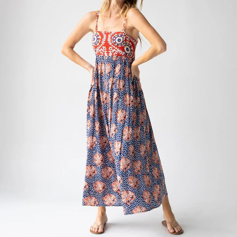 Fashion Women'S Summer Long Cami Dress Summer Vintage Sleeveless Open Back Low Cut Floral Print Beach Dresses