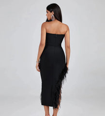 Luxury Black Feathers Strapless Bandage Dress Eveing Midi Backless Split Sexy Dress Bodycon Celebrity Party Vestidos