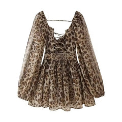 Leopard Lace up Midi Dress for Women Summer Sexy Slim Chiffon Short Dress Three Color Options Split Sleeves Casual Dresses