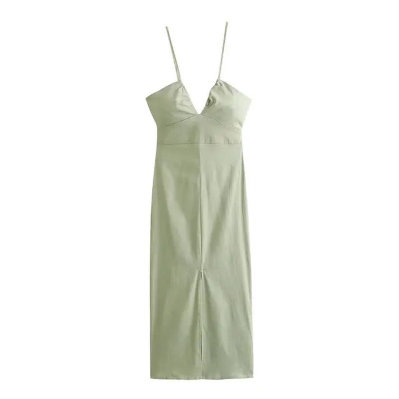 Backless Midi Dresses for Women Solid Color Spaghetti Strap Long Dresses Linen Slim Sexy Front Fork Party Dresses