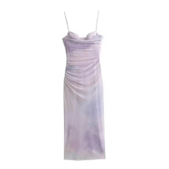 Pleated Printed Midi Dress for Women Summer Tie Die Silk Screen Spaghetti Strap Slim Sexy Party Long Dresses