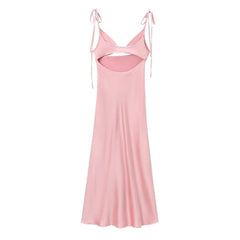 Women Hollow Out Party Sleeveless Long Dress 2024 Summer Fashion New Women A-Line Design Silk Satin Texture Dress Elegant