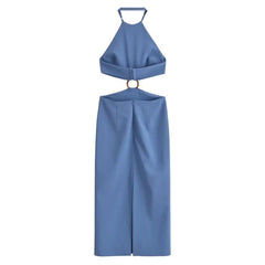 TRAF Women Waist Opening Design Hanging Neck Collar Dress for Ring Buckle Design Backless Slim Sexy Style Female Dress