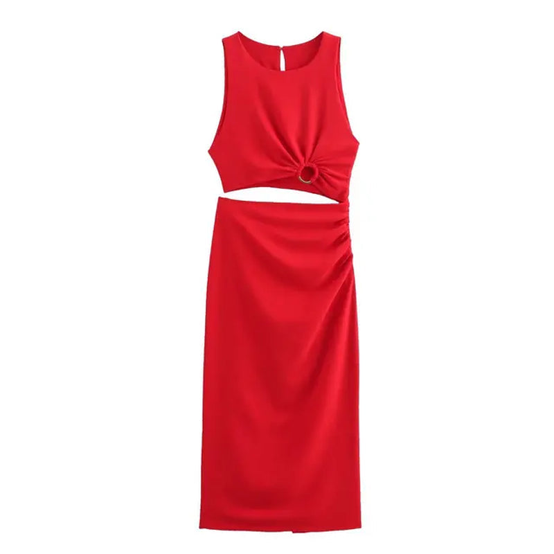 Women Party Red Hollow Out Sleeveless Midi Dress New Fashion Open Design Loose Buckle Midi Dress Lady Sexy Split Dress Elegant
