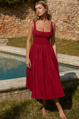Summer Beach Robe Midi Dress Women Fashion U-Neck Strap Sexy Backless Slim Dresses Women Vintage Party Red Dress Elegant
