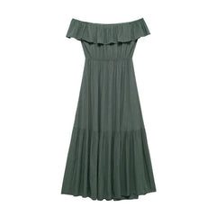 Metallic Striped Strapless Midi Dress for Women Summer Sleeveless Casual Style One Line Collar Slim Fit Ankle-Length Dresses