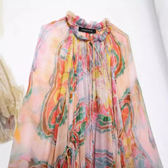 Retro Boho Style O Neck Elegant Long Sleeves Printed Drawstring Loose Midi Dress Summer Long Sleeve Midi Dresses for Women