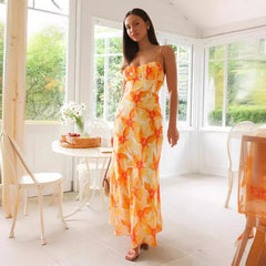 Holiday Sweet Beach Long A-Line Dress Women Elegant Summer Women Floral Print Midi Long Maxi Backless Dress Vestido