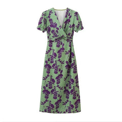 Vintage Print Twisted Midi Dress for Women Sexy Deep V-Neck Puff Short Sleeve Slim Robes 2024 Chic Lady Casual Vacation Vestidos