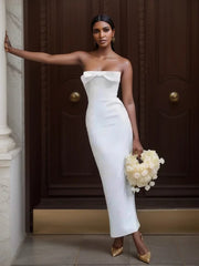 Fashion White Bow Backless Strapless Midi Dress Women Slim Sleeveless Vestidos Spring Summer Elegant Dinner Party Female Robes
