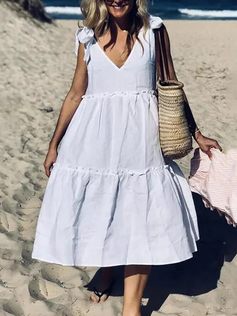 Femme Casual Summer Patchwork Pocket Dress Loose V Neck Hollow Out Sleeveless Dress Women Streetwear Ruffles Holiday Beach Dress