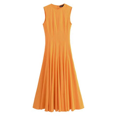 Wide Swing Midi O-Neck Dress Summer Slim High Street Casual Style Sleeveless Skirt Pleated Style Knee-Length Dress
