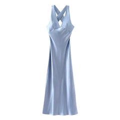 Crossed Shoulder Strap Midi Dress for Women Sleeveless Solid Color Slim with Satin Texture Sexy Long Dresses