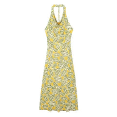 European American Fashion Sleeveless Printed Hanging Neck Dress Casual Youthful High Street Style Ankle-Length Dress