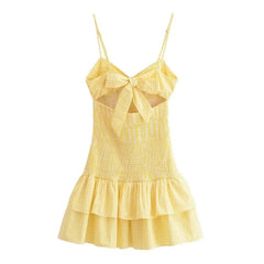 TRAF Women Small Plaid Bow Short Dress Summer Fashion Thin Straps Backless Elastic Waist Sexy Stacked Hem Female Midi Dresses