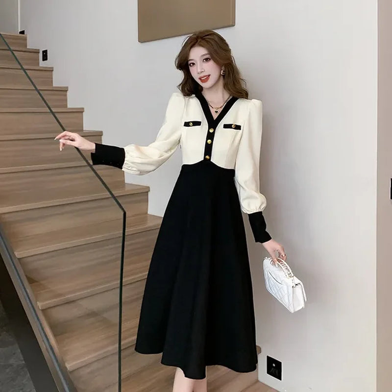 Women'S Autumn/Winter New Slimming Gentle Style Black White Contrast Color Sensibility High End Exquisite Dress