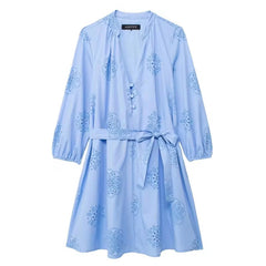 Embroidery Short Dress for Women Summer Rubberised Casual Poplin Short Sleeved Sashes Button Dresses Blue Midi Dress
