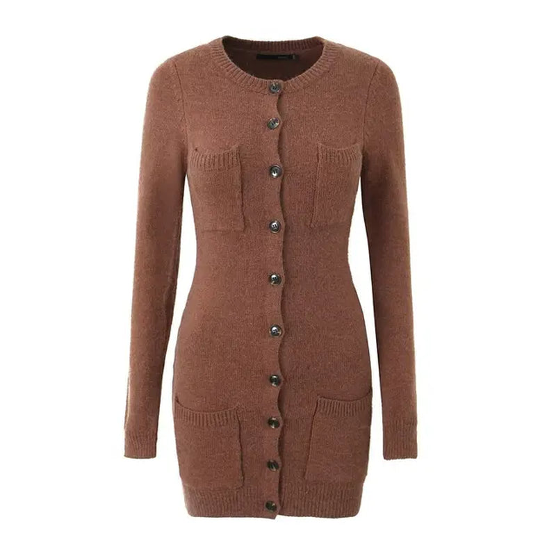 Autumn round Neck Knitted Dress Fashion Single Breasted Solid Color Short Dress Women Slim Commutig Clothing for Going Out