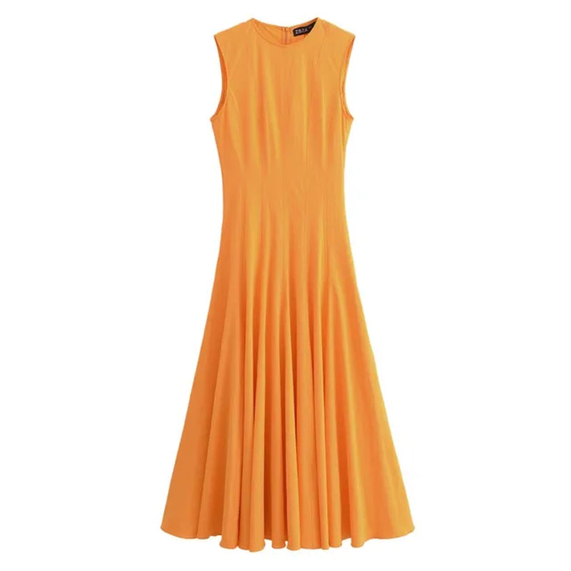 Wide Swing Midi O-Neck Dress Summer Slim High Street Casual Style Sleeveless Skirt Pleated Style Knee-Length Dress