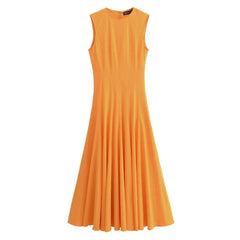 Wide Swing Midi O-Neck Dress Summer Slim High Street Casual Style Sleeveless Skirt Pleated Style Knee-Length Dress