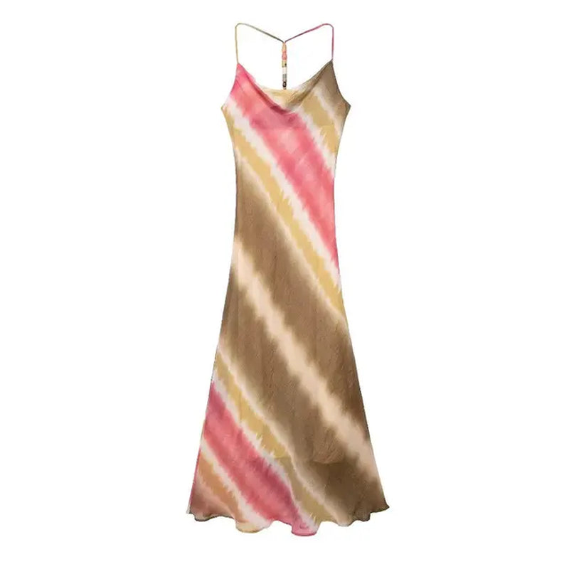 Women Tie Dye Vintage Camisole Long Dress New Summer Beaded Backless Sexy Beach Midi Dress Fashion Style New Holiday