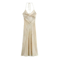 Printed Dresses Women Summer with Silk Texture Slim Backless Dresses Sexy Beach Style Camisole Dress Long Dresses