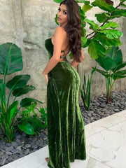 Lace up Green Velvet Strap Maxi Dress for Women Side Slit Backless Bodycon Sexy Prom Dress Outfit Elegant Birthday Party
