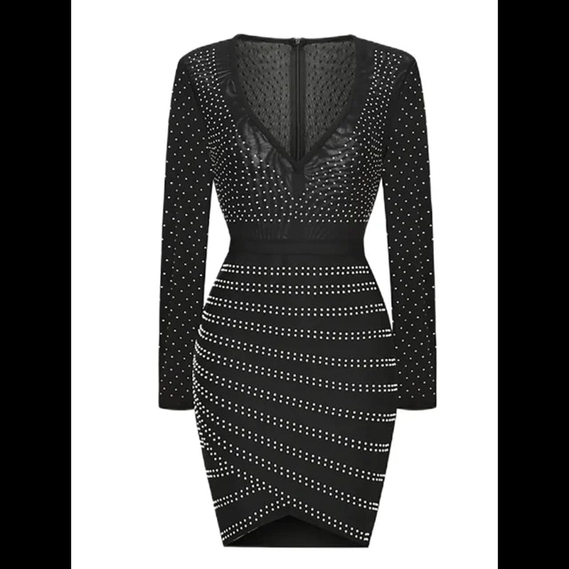 New Sexy Fashion Beaded Long Sleeve V Neck Bandage Dress Luxury Designer Clothing Women Elegant Robe De Soiree Party Dresses