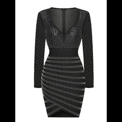 New Sexy Fashion Beaded Long Sleeve V Neck Bandage Dress Luxury Designer Clothing Women Elegant Robe De Soiree Party Dresses